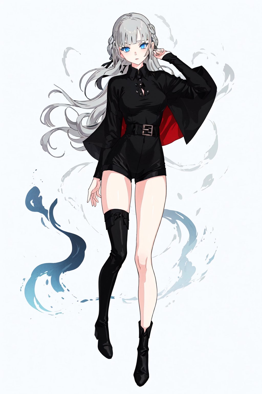NatsuriNekoto , grey hair , very long hair , blue eyes , medium breasts , ful body , black dress black short shorts, black very long boots