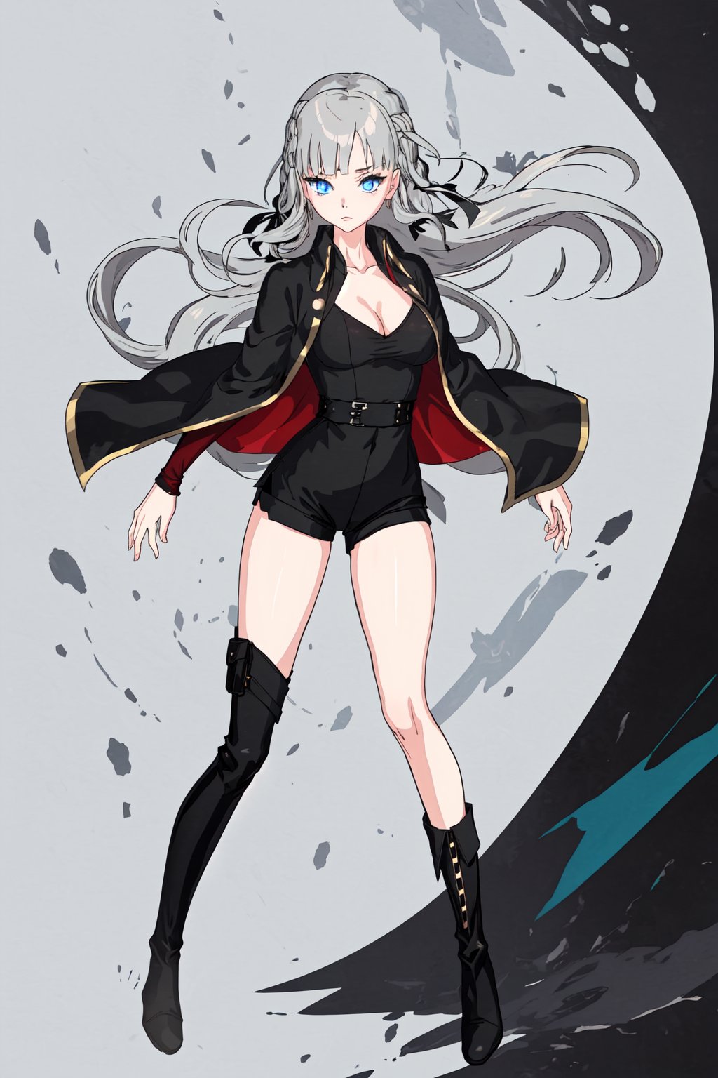 NatsuriNekoto , grey hair , very long hair , blue eyes , medium breasts , ful body , black dress black short shorts, black very long boots