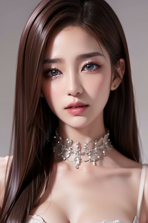 1girl
solo
brown hair
closed mouth
grey background
collar
lips
realistic ,beauty,yui,masterpiece,best quality,lily,mei