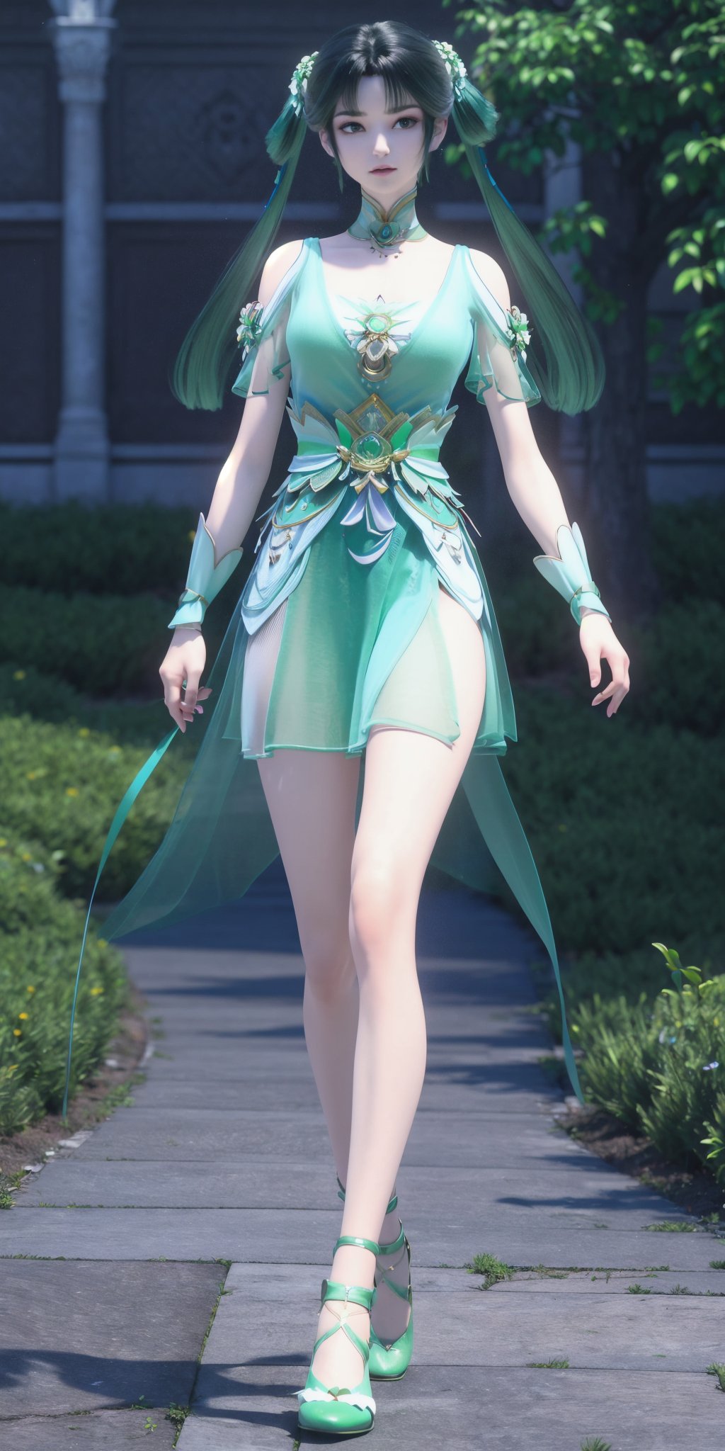 <lora:碧瑶:0.9>,long hair,hair ornament,twintails,flower,shoulder straps,green dress,waistbands,chinese clothes,wrist band,bare legs,green footwear,full body,standing,, (masterpiece, best quality, high quality, highres:1.3),8k,extremely delicate and beautiful,studio lighting,double exposure,dreamy glow,detailed shadow,
1girl,pale skin,