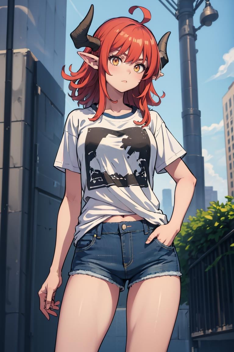 masterpiece, best quality, absurdres, 1girl, solo, Curran, horns, medium hair, t-shirt, denim shorts, standing, outdoors, city, hands in pockets, <lora:CHAR-Curran:1>