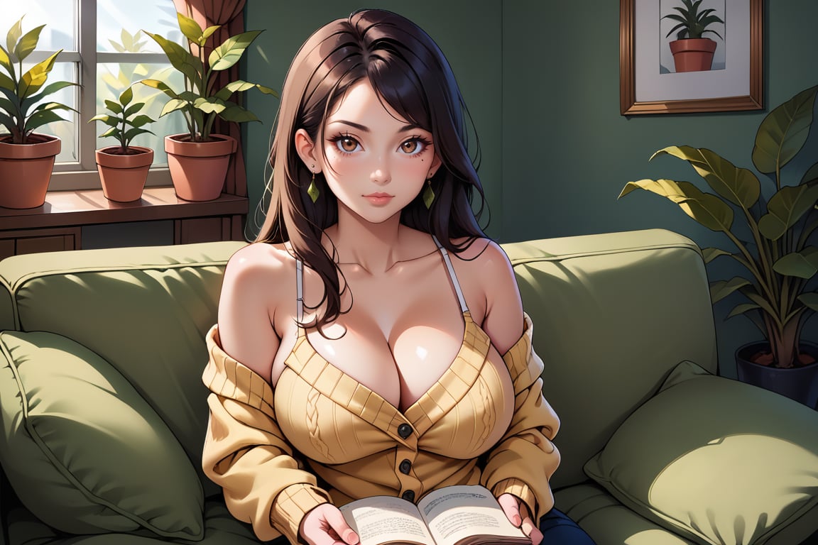 1girl, solo, long hair, breasts, looking at viewer, large breasts, black hair, long sleeves, holding, cleavage, bare shoulders, brown eyes, jewelry, sitting, closed mouth, collarbone, earrings, day, indoors, off shoulder, mole, sweater, lips, pillow, book, window, watermark, cardigan, plant, couch, web address, mole on breast, nose, spaghetti strap, potted plant