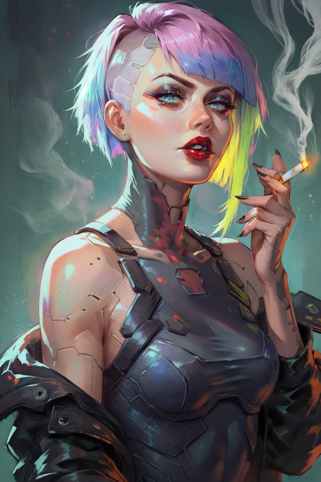 score_9, score_8, score_7, score_8_up, score_7_up, score_6_up, Lucy\Cyberpunk\), 1girl, solo, looking at viewer, short hair, bangs, holding, bare shoulders, jacket, upper body, multicolored hair, parted lips, off shoulder, bodysuit, makeup, smoke, cigarette, multicolored eyes, smoking, red lips, cyborg, holding cigarette<lora:EMS-330051-EMS:0.800000>