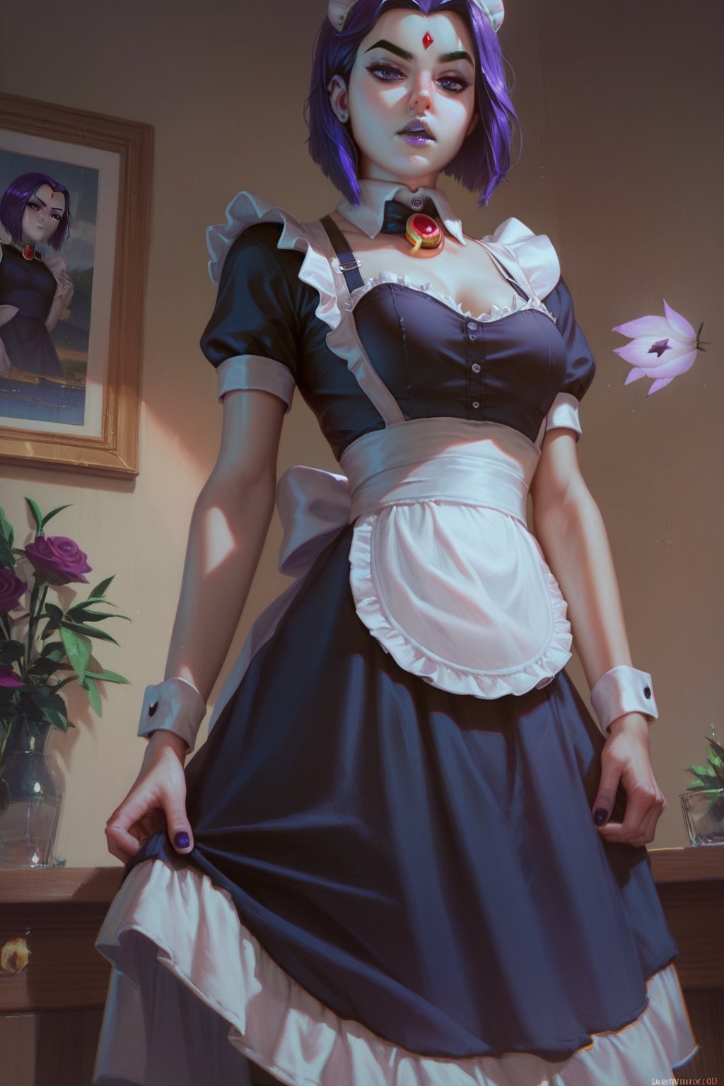 score_9, score_8_up, score_7_up, score_6_up, 1girl, raven \(teen titans\), maid uniform<lora:EMS-330051-EMS:0.800000>