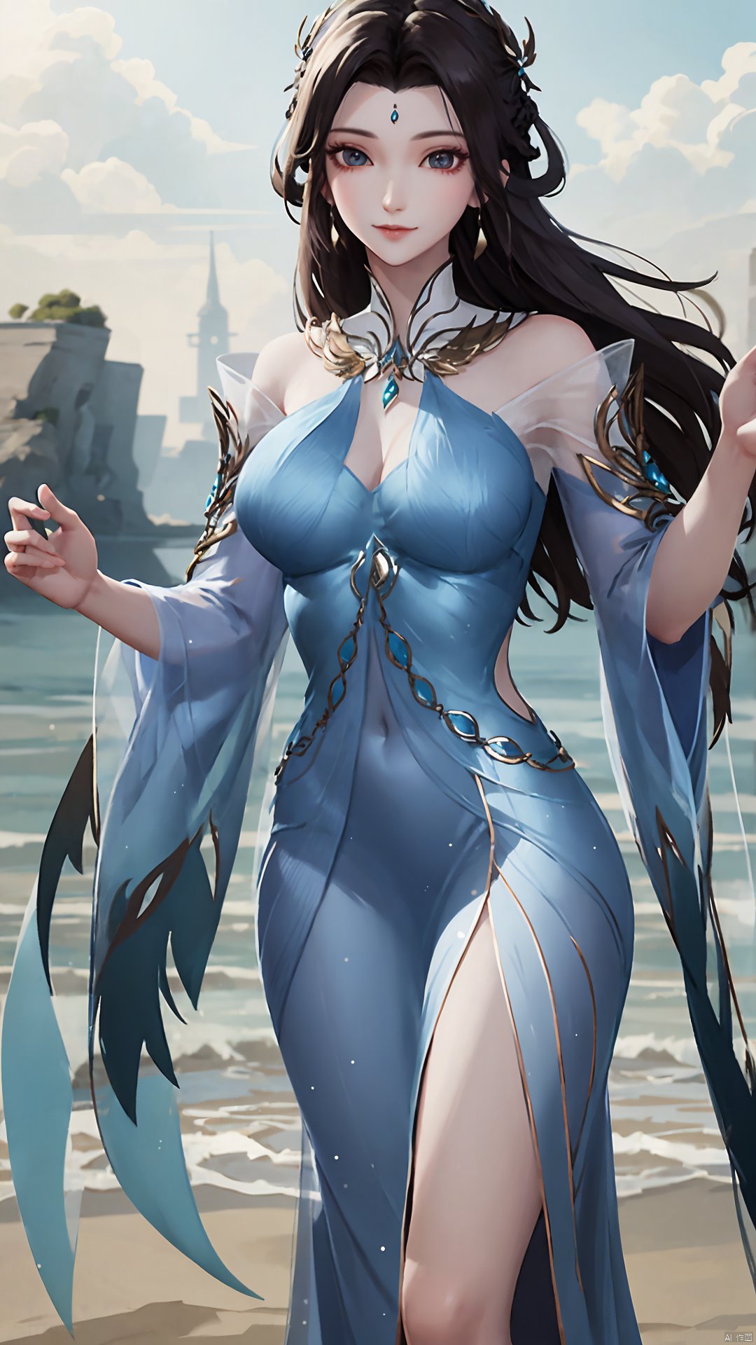  1girl, solo, dress, blue dress, black hair, hair ornament, jewelry, earrings, long hair, looking at viewer, mischevious smile, perfect body, scenery, sharp focus, best quality, masterpiece, detailed outfit, illustration, perfect eyes, finely detailed beautiful anime eyes, realistic skin, intricate details, best lighting, depth of field, ultra high resolution,cowboy_shot, dynamic pose, dynamic angle,