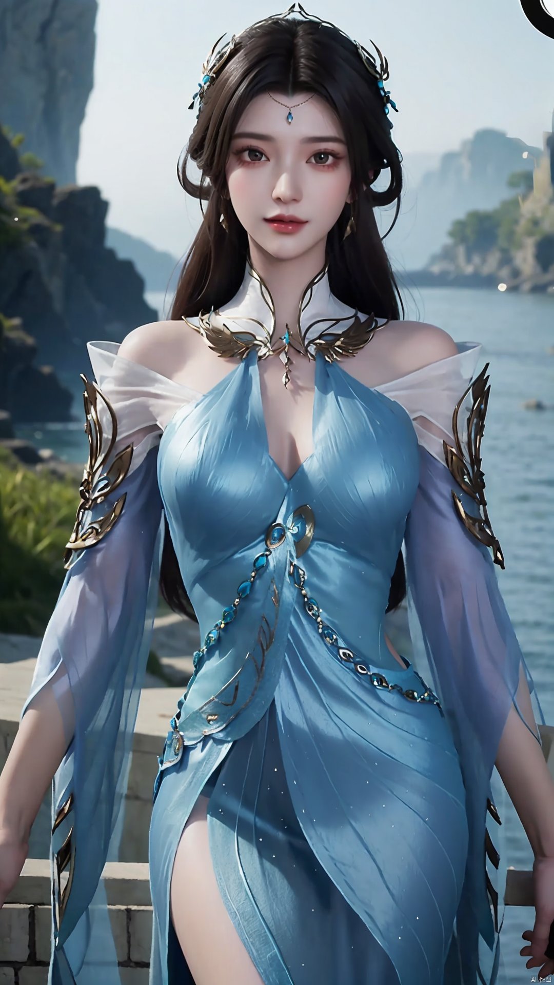  1girl, solo, dress, blue dress, black hair, hair ornament, jewelry, earrings, long hair, looking at viewer, mischevious smile, perfect body, scenery, sharp focus, best quality, masterpiece, detailed outfit, illustration, perfect eyes, finely detailed beautiful anime eyes, realistic skin, intricate details, best lighting, depth of field, ultra high resolution,cowboy_shot, dynamic pose, dynamic angle,