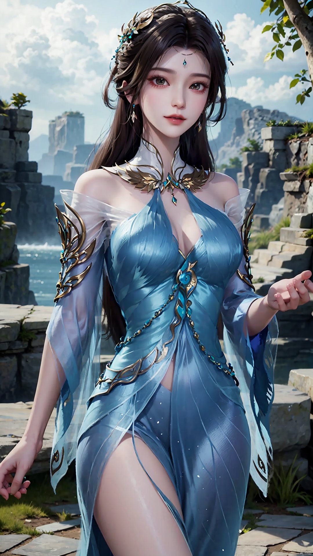  1girl, solo, dress, blue dress, black hair, hair ornament, jewelry, earrings, long hair, looking at viewer, mischevious smile, perfect body, scenery, sharp focus, best quality, masterpiece, detailed outfit, illustration, perfect eyes, finely detailed beautiful anime eyes, realistic skin, intricate details, best lighting, depth of field, ultra high resolution,cowboy_shot, dynamic pose, dynamic angle,