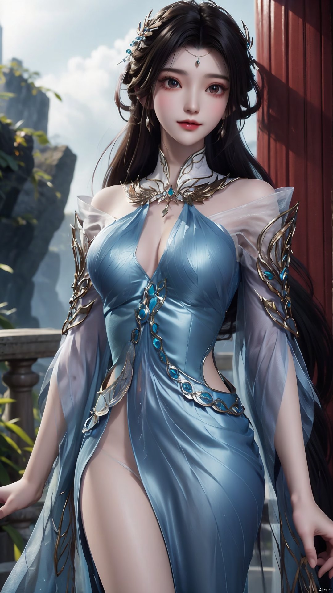  1girl, solo, dress, blue dress, black hair, hair ornament, jewelry, earrings, long hair, looking at viewer, mischevious smile, perfect body, scenery, sharp focus, best quality, masterpiece, detailed outfit, illustration, perfect eyes, finely detailed beautiful anime eyes, realistic skin, intricate details, best lighting, depth of field, ultra high resolution,cowboy_shot, dynamic pose, dynamic angle,