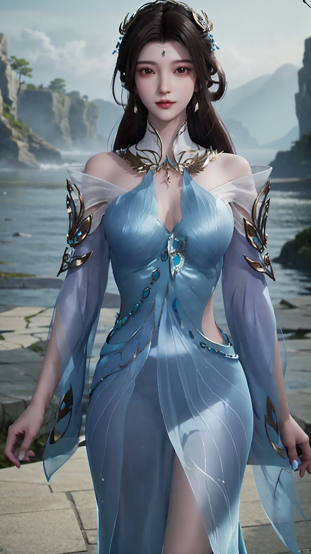  1girl, solo, dress, blue dress, black hair, hair ornament, jewelry, earrings, long hair, looking at viewer, mischevious smile, perfect body, scenery, sharp focus, best quality, masterpiece, detailed outfit, illustration, perfect eyes, finely detailed beautiful anime eyes, realistic skin, intricate details, best lighting, depth of field, ultra high resolution,cowboy_shot, dynamic pose, dynamic angle,