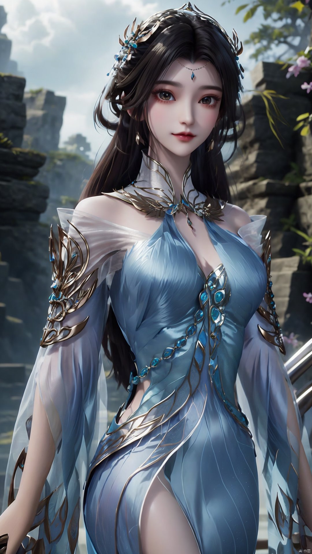  1girl, solo, dress, blue dress, black hair, hair ornament, jewelry, earrings, long hair, looking at viewer, mischevious smile, perfect body, scenery, sharp focus, best quality, masterpiece, detailed outfit, illustration, perfect eyes, finely detailed beautiful anime eyes, realistic skin, intricate details, best lighting, depth of field, ultra high resolution,cowboy_shot, dynamic pose, dynamic angle,