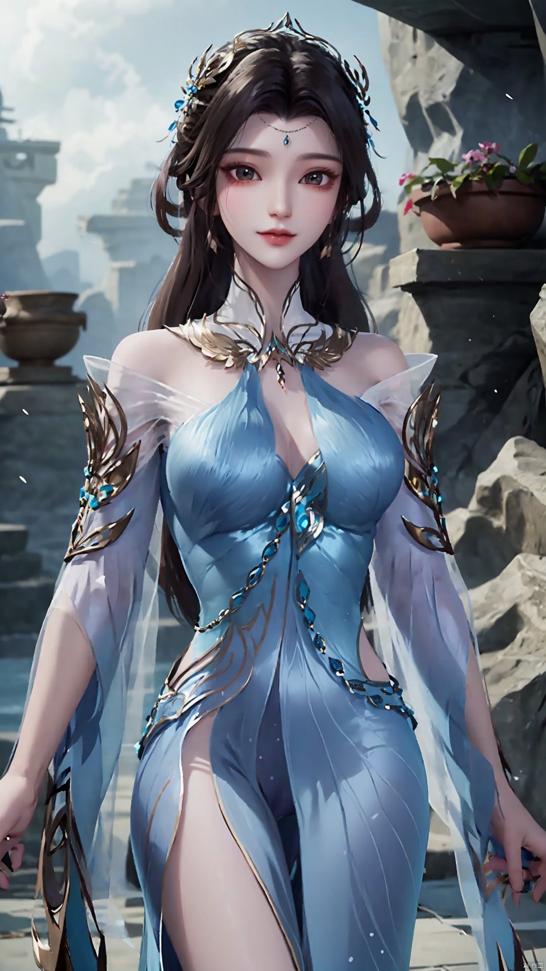  1girl, solo, dress, blue dress, black hair, hair ornament, jewelry, earrings, long hair, looking at viewer, mischevious smile, perfect body, scenery, sharp focus, best quality, masterpiece, detailed outfit, illustration, perfect eyes, finely detailed beautiful anime eyes, realistic skin, intricate details, best lighting, depth of field, ultra high resolution,cowboy_shot, dynamic pose, dynamic angle,