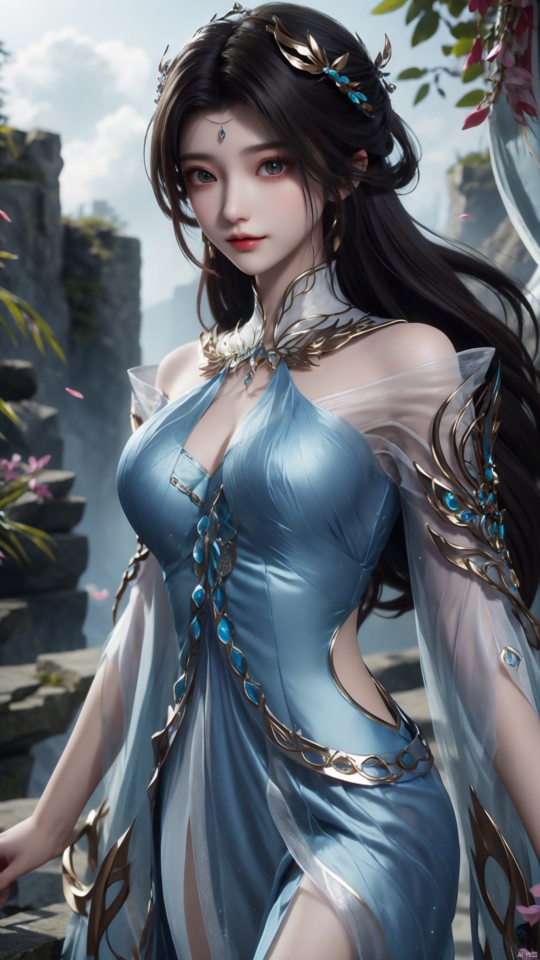  1girl, solo, dress, blue dress, black hair, hair ornament, jewelry, earrings, long hair, looking at viewer, mischevious smile, perfect body, scenery, sharp focus, best quality, masterpiece, detailed outfit, illustration, perfect eyes, finely detailed beautiful anime eyes, realistic skin, intricate details, best lighting, depth of field, ultra high resolution,cowboy_shot, dynamic pose, dynamic angle,