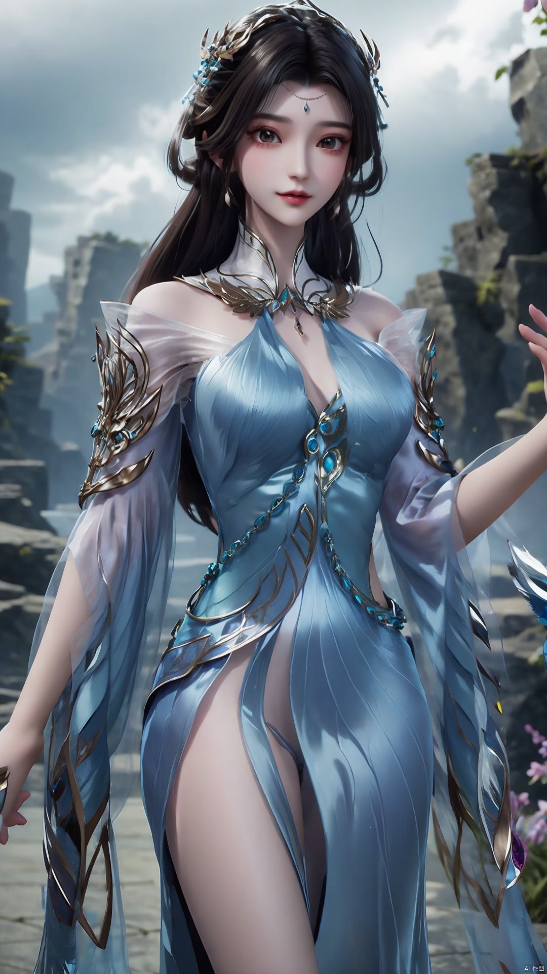  1girl, solo, dress, blue dress, black hair, hair ornament, jewelry, earrings, long hair, looking at viewer, mischevious smile, perfect body, scenery, sharp focus, best quality, masterpiece, detailed outfit, illustration, perfect eyes, finely detailed beautiful anime eyes, realistic skin, intricate details, best lighting, depth of field, ultra high resolution,cowboy_shot, dynamic pose, dynamic angle,