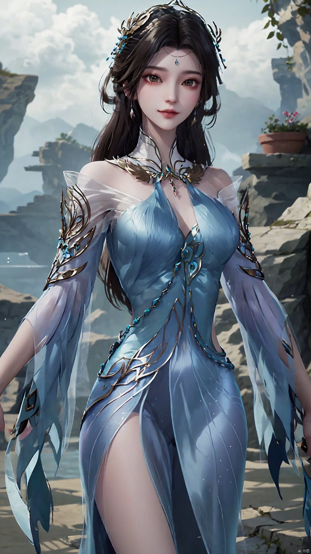  1girl, solo, dress, blue dress, black hair, hair ornament, jewelry, earrings, long hair, looking at viewer, mischevious smile, perfect body, scenery, sharp focus, best quality, masterpiece, detailed outfit, illustration, perfect eyes, finely detailed beautiful anime eyes, realistic skin, intricate details, best lighting, depth of field, ultra high resolution,cowboy_shot, dynamic pose, dynamic angle,