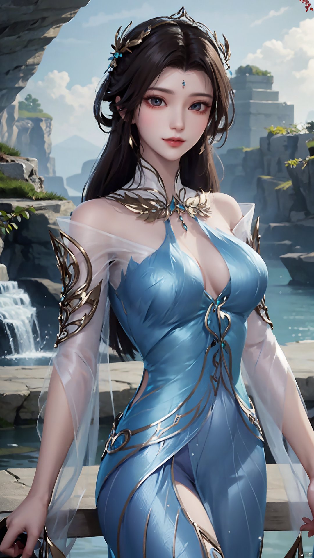  1girl, solo, dress, blue dress, black hair, hair ornament, jewelry, earrings, long hair, looking at viewer, mischevious smile, perfect body, scenery, sharp focus, best quality, masterpiece, detailed outfit, illustration, perfect eyes, finely detailed beautiful anime eyes, realistic skin, intricate details, best lighting, depth of field, ultra high resolution,cowboy_shot, dynamic pose, dynamic angle,