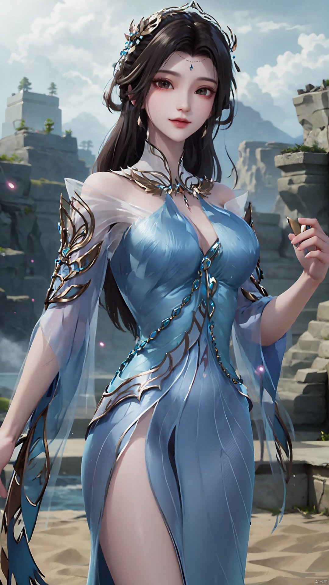  1girl, solo, dress, blue dress, black hair, hair ornament, jewelry, earrings, long hair, looking at viewer, mischevious smile, perfect body, scenery, sharp focus, best quality, masterpiece, detailed outfit, illustration, perfect eyes, finely detailed beautiful anime eyes, realistic skin, intricate details, best lighting, depth of field, ultra high resolution,cowboy_shot, dynamic pose, dynamic angle,