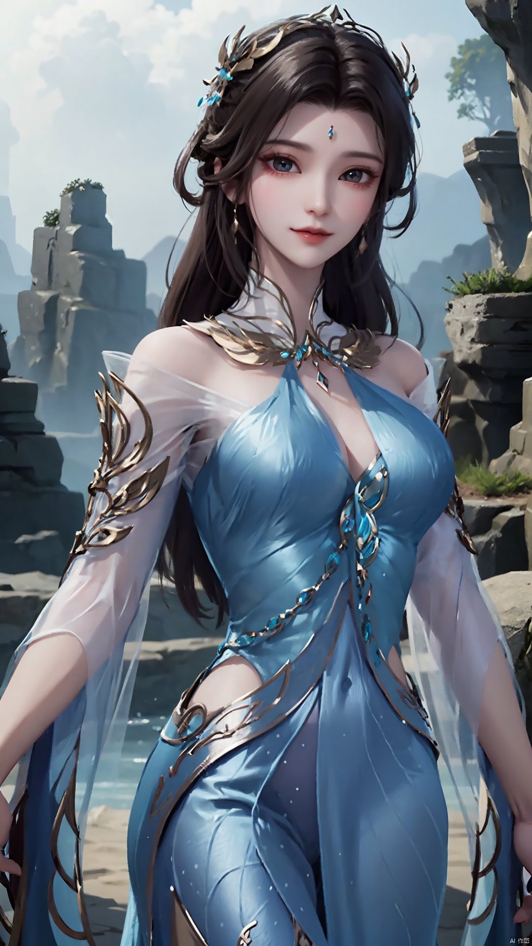  1girl, solo, dress, blue dress, black hair, hair ornament, jewelry, earrings, long hair, looking at viewer, mischevious smile, perfect body, scenery, sharp focus, best quality, masterpiece, detailed outfit, illustration, perfect eyes, finely detailed beautiful anime eyes, realistic skin, intricate details, best lighting, depth of field, ultra high resolution,cowboy_shot, dynamic pose, dynamic angle,