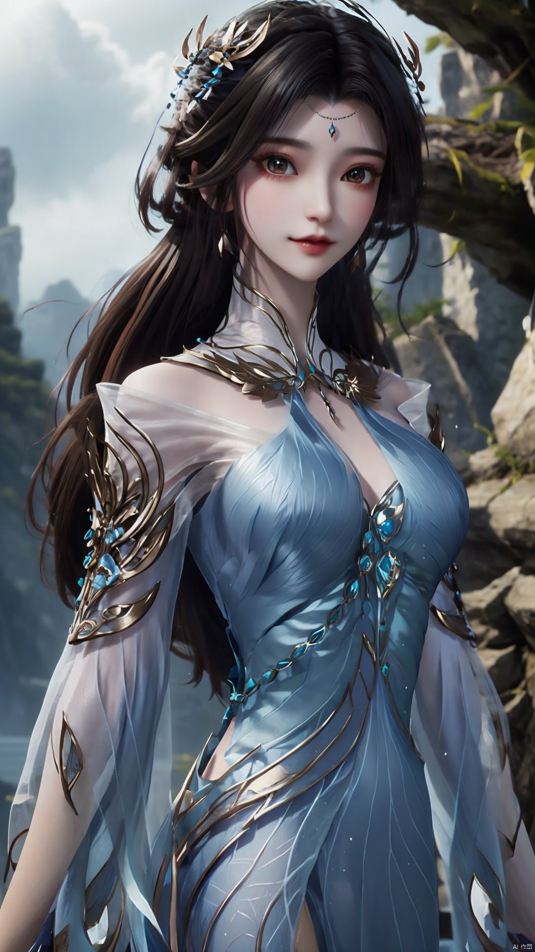  1girl, solo, dress, blue dress, black hair, hair ornament, jewelry, earrings, long hair, looking at viewer, mischevious smile, perfect body, scenery, sharp focus, best quality, masterpiece, detailed outfit, illustration, perfect eyes, finely detailed beautiful anime eyes, realistic skin, intricate details, best lighting, depth of field, ultra high resolution,cowboy_shot, dynamic pose, dynamic angle,