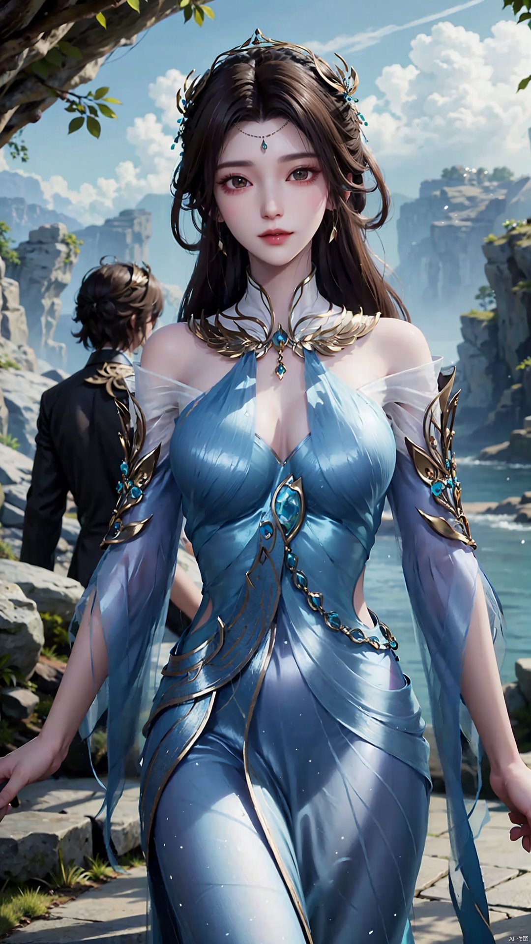  1girl, solo, dress, blue dress, black hair, hair ornament, jewelry, earrings, long hair, looking at viewer, mischevious smile, perfect body, scenery, sharp focus, best quality, masterpiece, detailed outfit, illustration, perfect eyes, finely detailed beautiful anime eyes, realistic skin, intricate details, best lighting, depth of field, ultra high resolution,cowboy_shot, dynamic pose, dynamic angle,