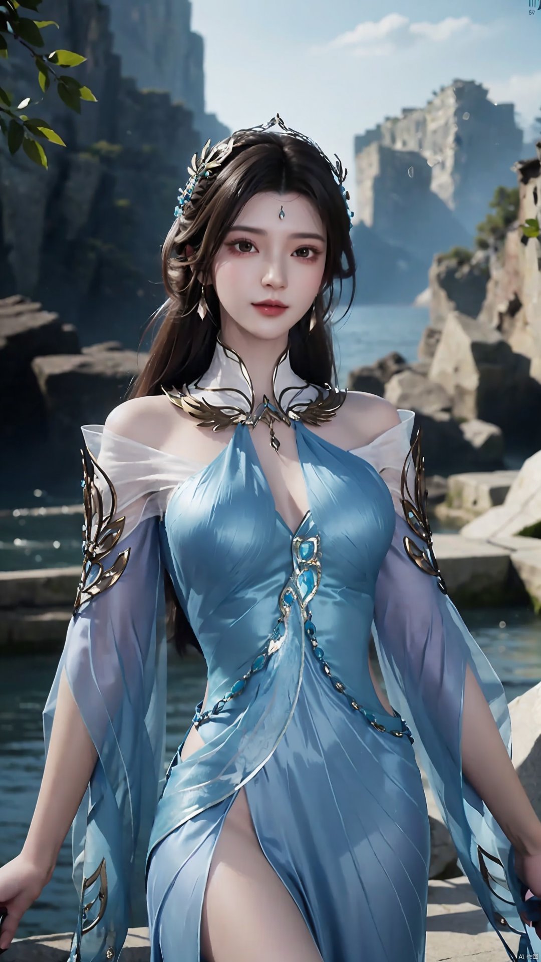  1girl, solo, dress, blue dress, black hair, hair ornament, jewelry, earrings, long hair, looking at viewer, mischevious smile, perfect body, scenery, sharp focus, best quality, masterpiece, detailed outfit, illustration, perfect eyes, finely detailed beautiful anime eyes, realistic skin, intricate details, best lighting, depth of field, ultra high resolution,cowboy_shot, dynamic pose, dynamic angle,