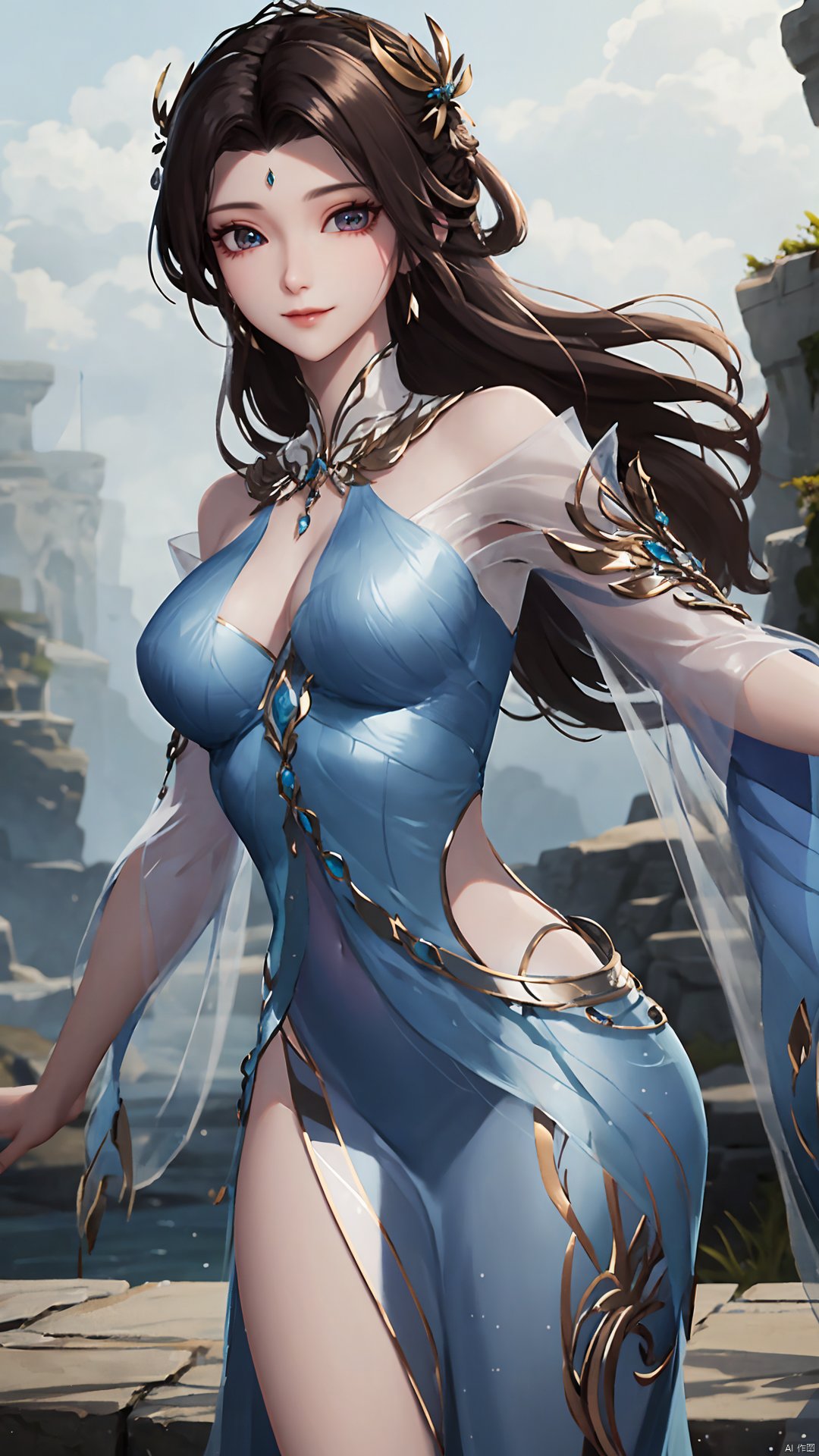  1girl, solo, dress, blue dress, black hair, hair ornament, jewelry, earrings, long hair, looking at viewer, mischevious smile, perfect body, scenery, sharp focus, best quality, masterpiece, detailed outfit, illustration, perfect eyes, finely detailed beautiful anime eyes, realistic skin, intricate details, best lighting, depth of field, ultra high resolution,cowboy_shot, dynamic pose, dynamic angle,