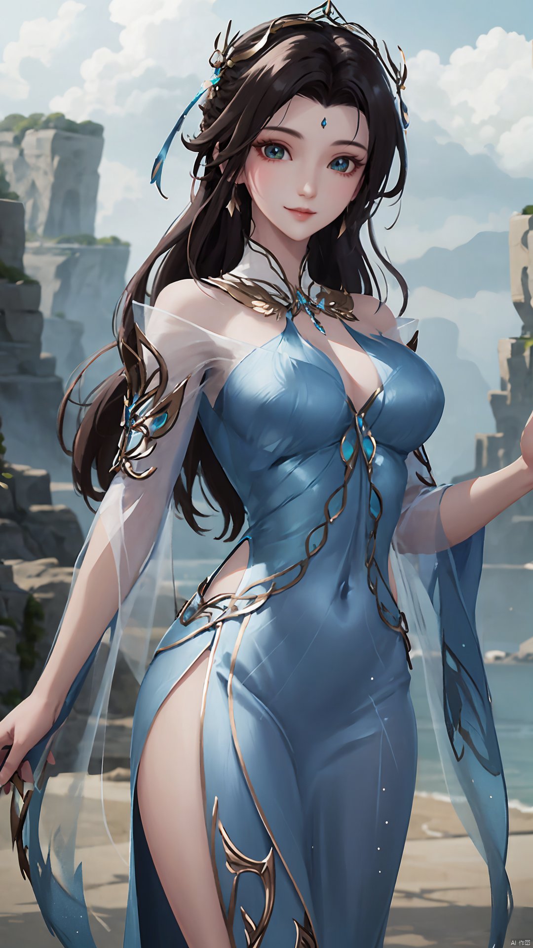  1girl, solo, dress, blue dress, black hair, hair ornament, jewelry, earrings, long hair, looking at viewer, mischevious smile, perfect body, scenery, sharp focus, best quality, masterpiece, detailed outfit, illustration, perfect eyes, finely detailed beautiful anime eyes, realistic skin, intricate details, best lighting, depth of field, ultra high resolution,cowboy_shot, dynamic pose, dynamic angle,