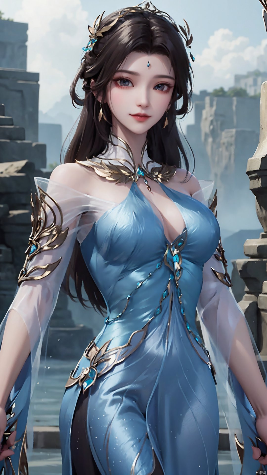  1girl, solo, dress, blue dress, black hair, hair ornament, jewelry, earrings, long hair, looking at viewer, mischevious smile, perfect body, scenery, sharp focus, best quality, masterpiece, detailed outfit, illustration, perfect eyes, finely detailed beautiful anime eyes, realistic skin, intricate details, best lighting, depth of field, ultra high resolution,cowboy_shot, dynamic pose, dynamic angle,