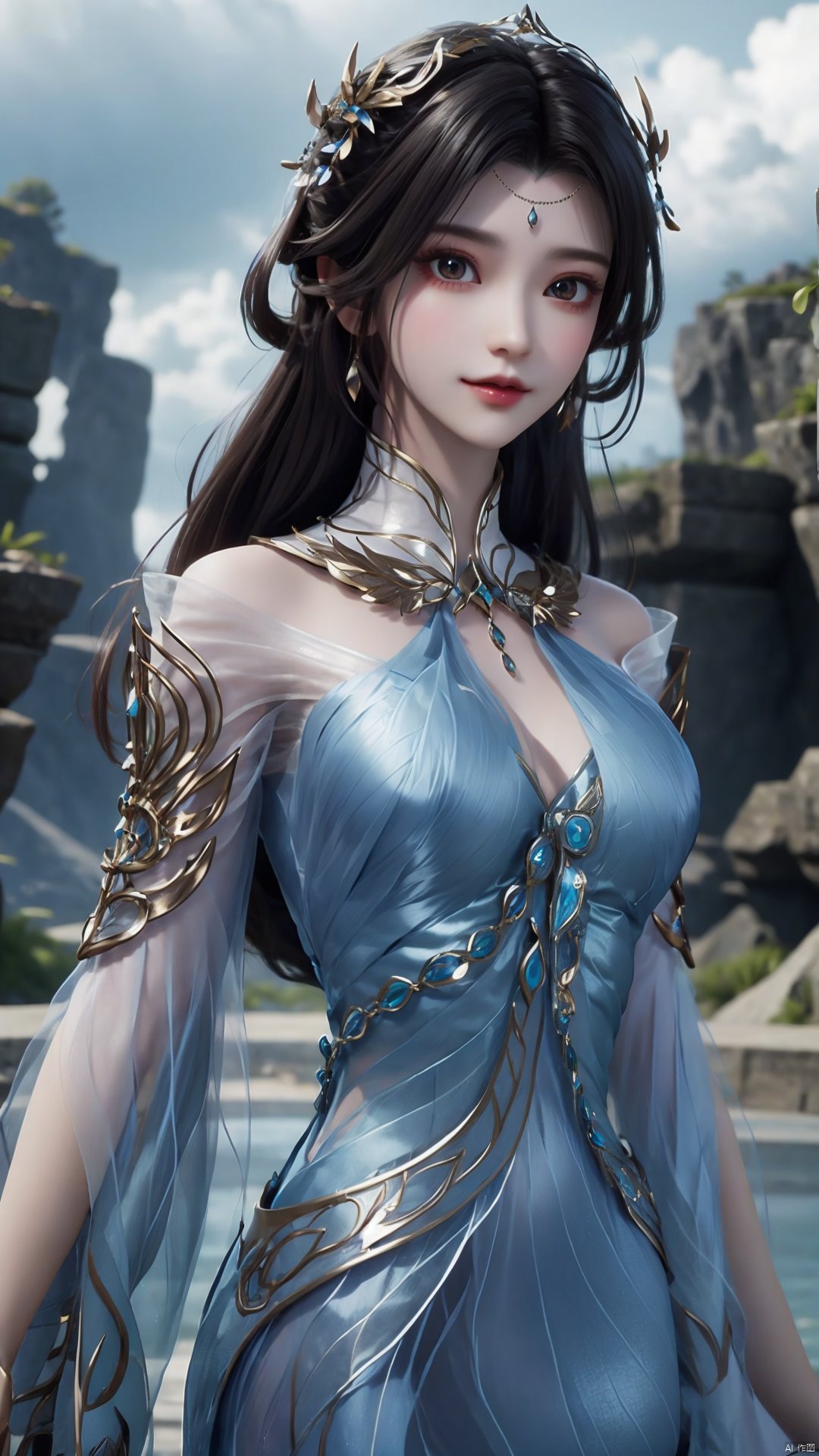  1girl, solo, dress, blue dress, black hair, hair ornament, jewelry, earrings, long hair, looking at viewer, mischevious smile, perfect body, scenery, sharp focus, best quality, masterpiece, detailed outfit, illustration, perfect eyes, finely detailed beautiful anime eyes, realistic skin, intricate details, best lighting, depth of field, ultra high resolution,cowboy_shot, dynamic pose, dynamic angle,