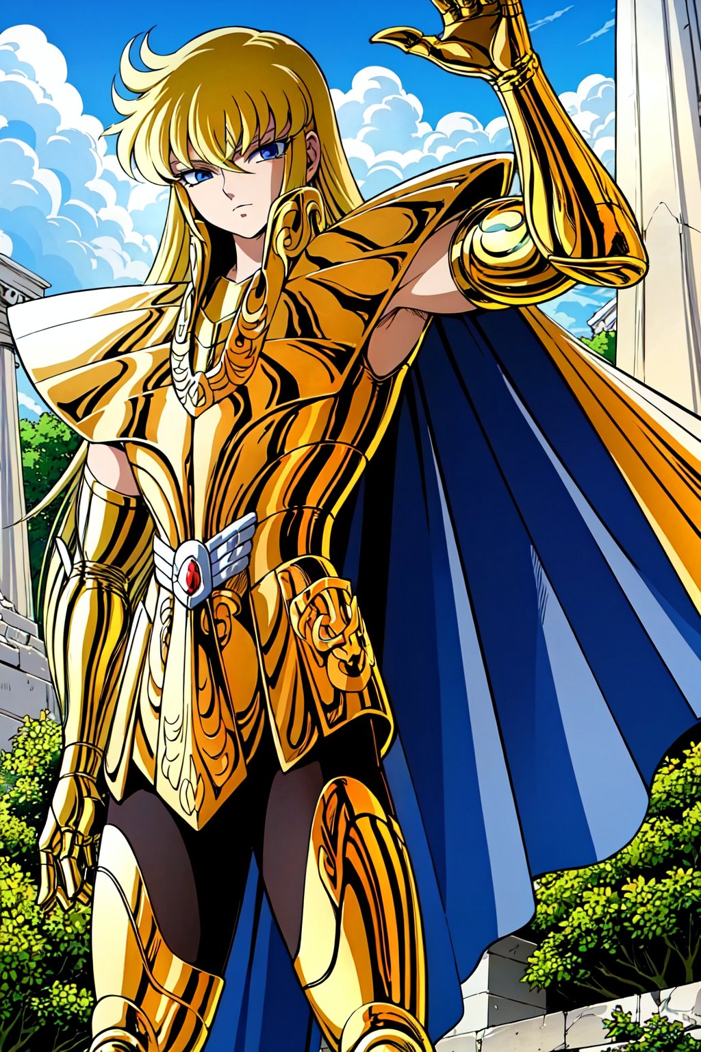 (masterpiece), (best quality), 1boy, Shaka, saint seiya, blonde hair, long hair, blue eyes, looking at viewer, gold armor, cape, greek temple ruins