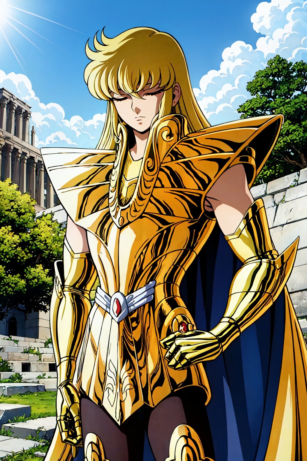 (masterpiece), (best quality), 1boy, Shaka, saint seiya, blonde hair, long hair, closed eyes, gold armor, cape, greek temple ruins