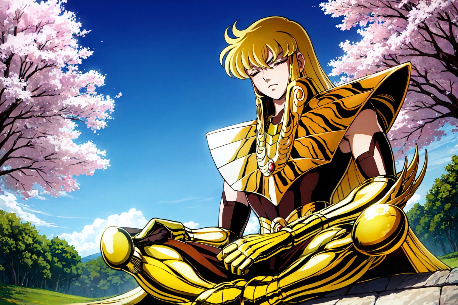 (masterpiece), (best quality), 1boy, Shaka, saint seiya, blonde hair, long hair, closed eyes, gold armor, sitting, indian_style, cherry trees