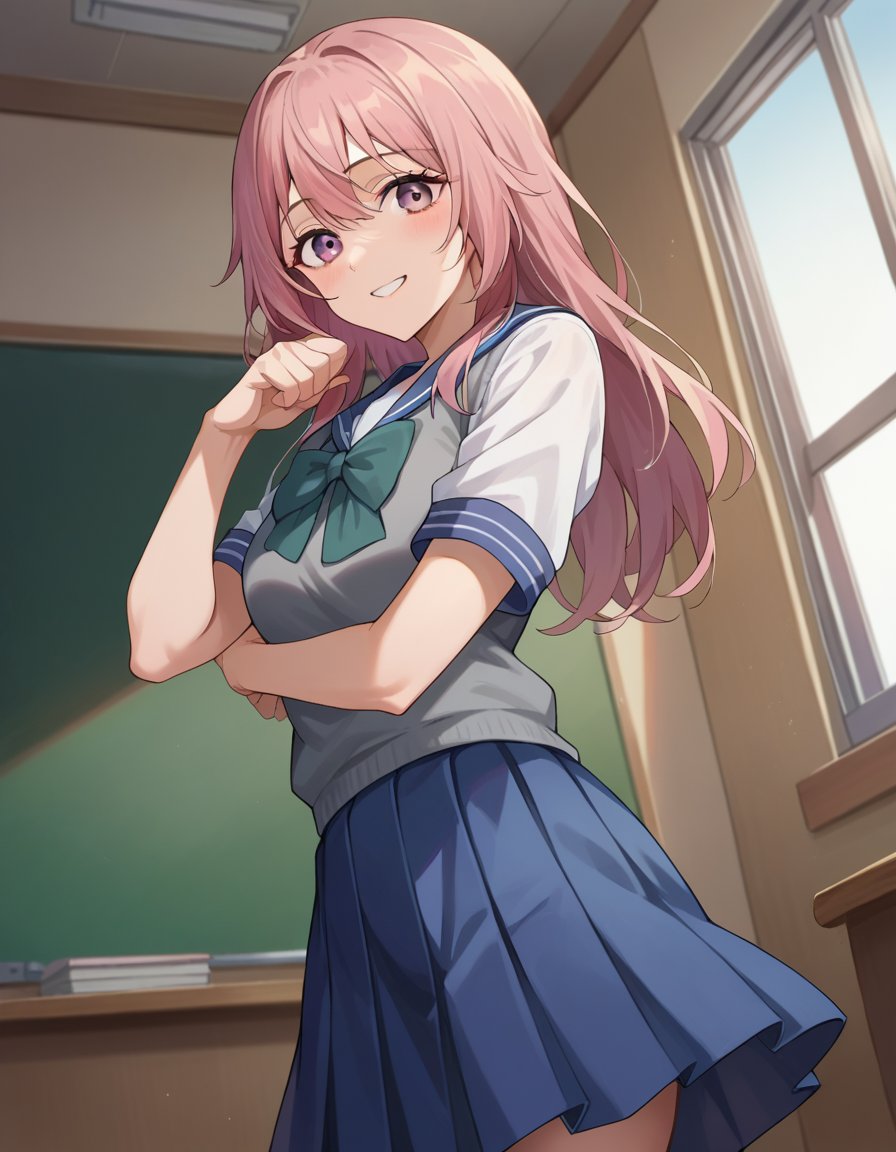 score_9, score_8_up, score_7_up, source_anime,shinjuinui, <lora:shinju-inui-ponyxl-lora-nochekaiser:1>,shinju inui, long hair, pink hair, pink eyes, smile,skirt, shirt, bow, school uniform, white shirt, short sleeves, pleated skirt, serafuku, bowtie, sailor collar, vest, blue skirt, sweater vest,indoors, classroom,looking at viewer, cowboy shot, dutch angle, dynamic pose,