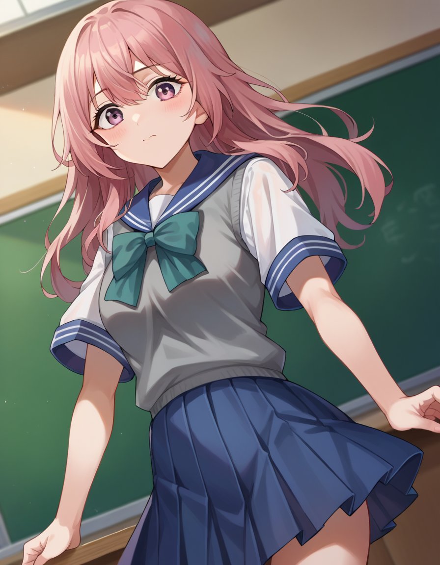 score_9, score_8_up, score_7_up, source_anime,shinjuinui, <lora:shinju-inui-ponyxl-lora-nochekaiser:1>,shinju inui, long hair, pink hair, pink eyes,skirt, shirt, bow, school uniform, white shirt, short sleeves, pleated skirt, serafuku, bowtie, sailor collar, vest, blue skirt, sweater vest,indoors, classroom,looking at viewer, cowboy shot, dutch angle, dynamic pose,