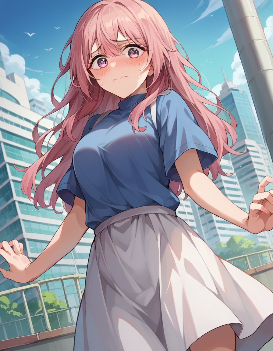 score_9, score_8_up, score_7_up, source_anime,shinjuinui, <lora:shinju-inui-ponyxl-lora-nochekaiser:1>,shinju inui, long hair, pink hair, pink eyes, embarrassed, blush,skirt, shirt, short sleeves, white skirt, blue shirt,outdoors, cityscape,looking at viewer, cowboy shot, dutch angle, dynamic pose,