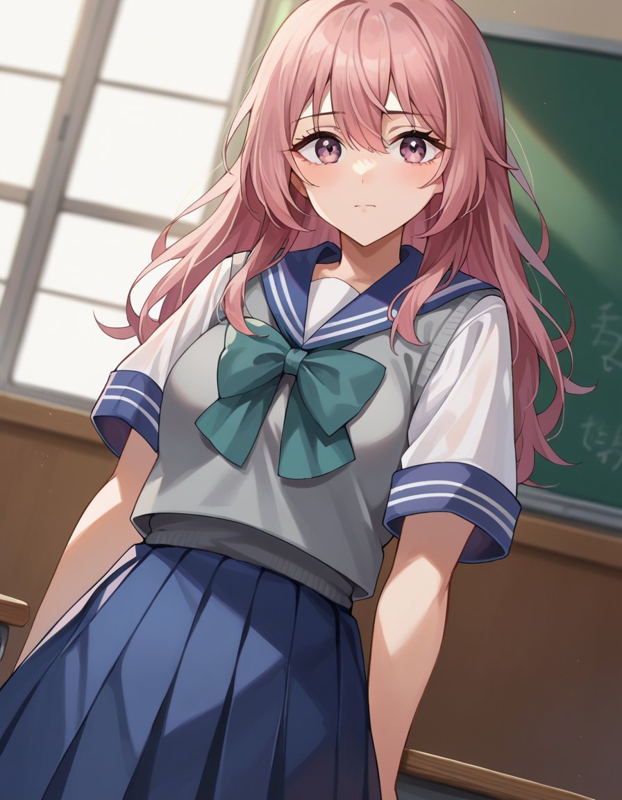 score_9, score_8_up, score_7_up, source_anime,shinjuinui, <lora:shinju-inui-ponyxl-lora-nochekaiser:1>,shinju inui, long hair, pink hair, pink eyes,skirt, shirt, bow, school uniform, white shirt, short sleeves, pleated skirt, serafuku, bowtie, sailor collar, vest, blue skirt, sweater vest,indoors, classroom,looking at viewer, cowboy shot, dutch angle, dynamic pose,