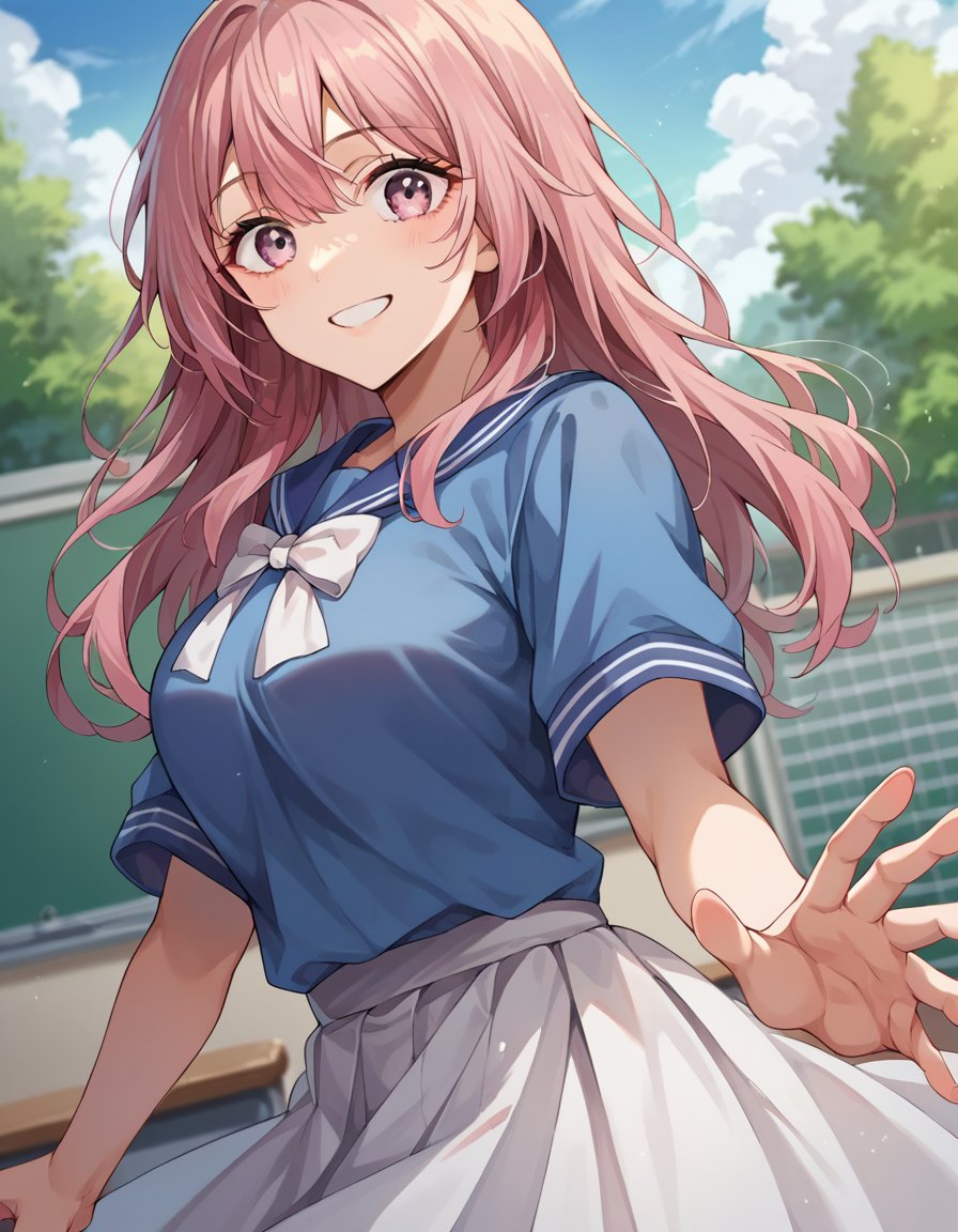 score_9, score_8_up, score_7_up, source_anime,shinjuinui, <lora:shinju-inui-ponyxl-lora-nochekaiser:1>,shinju inui, long hair, pink hair, pink eyes, smile,skirt, shirt, short sleeves, white skirt, blue shirt,outdoors, classroom,looking at viewer, cowboy shot, dutch angle, dynamic pose,