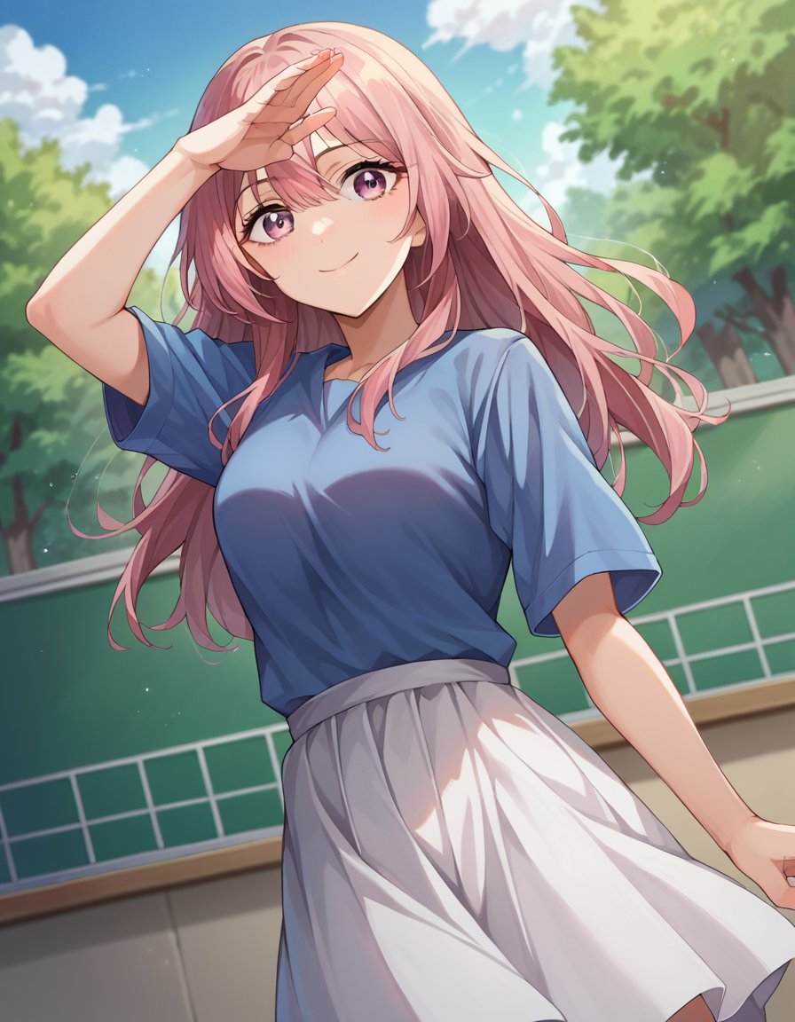 score_9, score_8_up, score_7_up, source_anime,shinjuinui, <lora:shinju-inui-ponyxl-lora-nochekaiser:1>,shinju inui, long hair, pink hair, pink eyes, smile,skirt, shirt, short sleeves, white skirt, blue shirt,outdoors, classroom,looking at viewer, cowboy shot, dutch angle, dynamic pose,