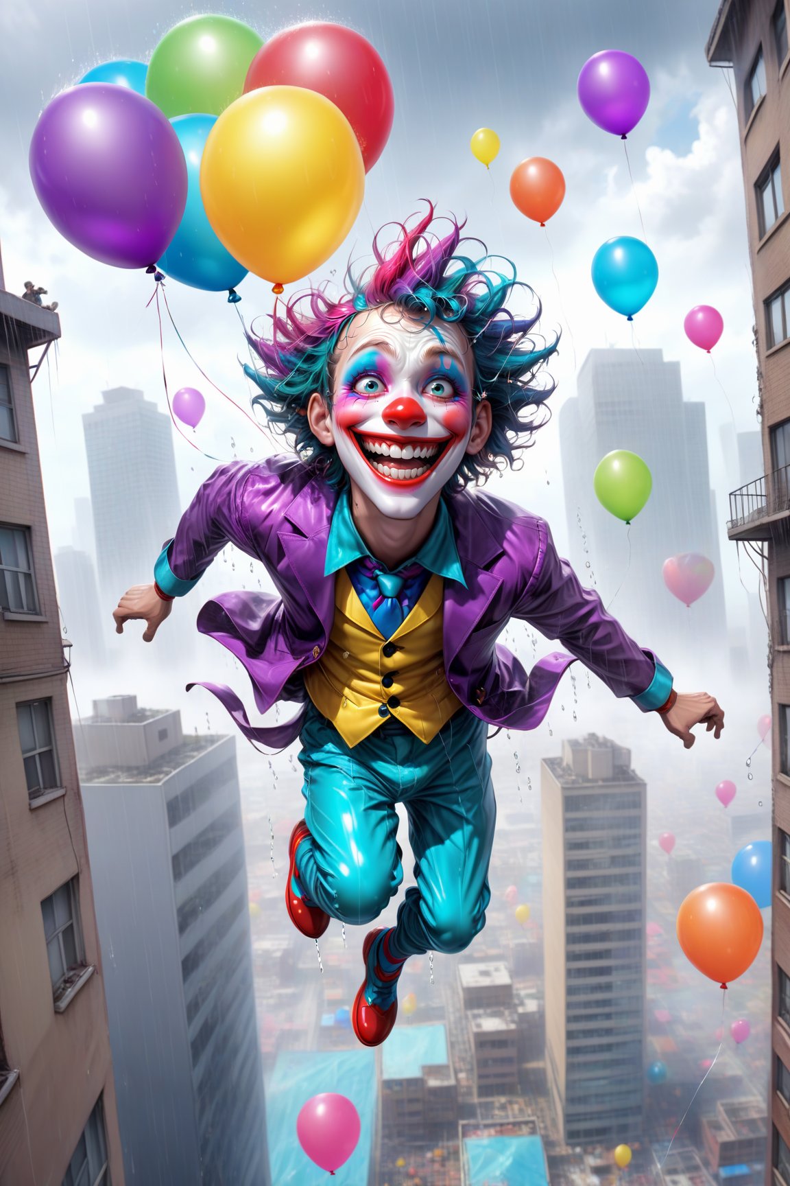 Hiro Crazy Dimension, crazy man jumping from a top of the building and smile, creepy, clown face, balloon, chaos, hard rain