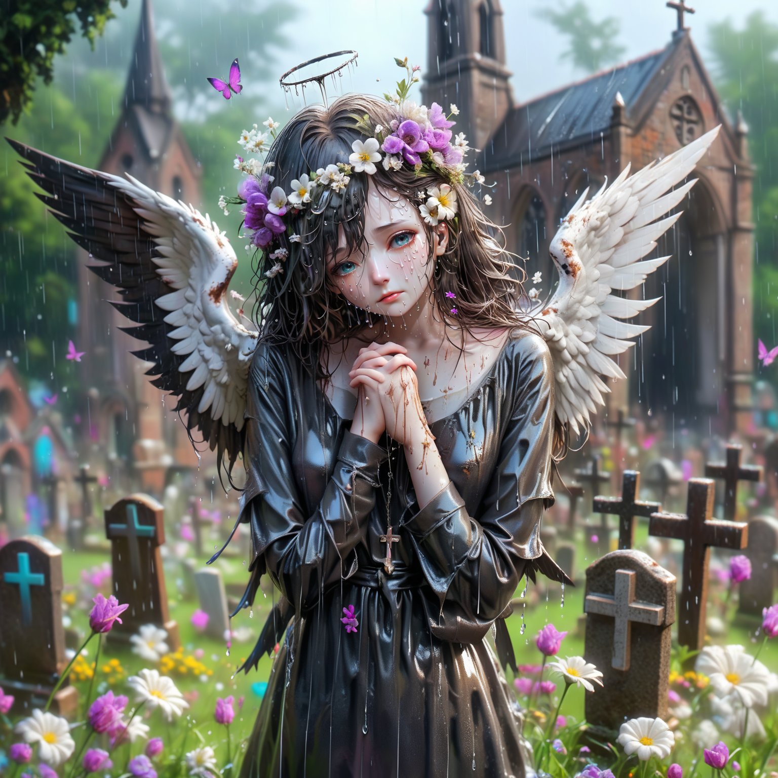 Hiro Crazy Dimension, a sad angle on the church yard, rain, flowers, sad theme, emotional, wet, wings, feathers 