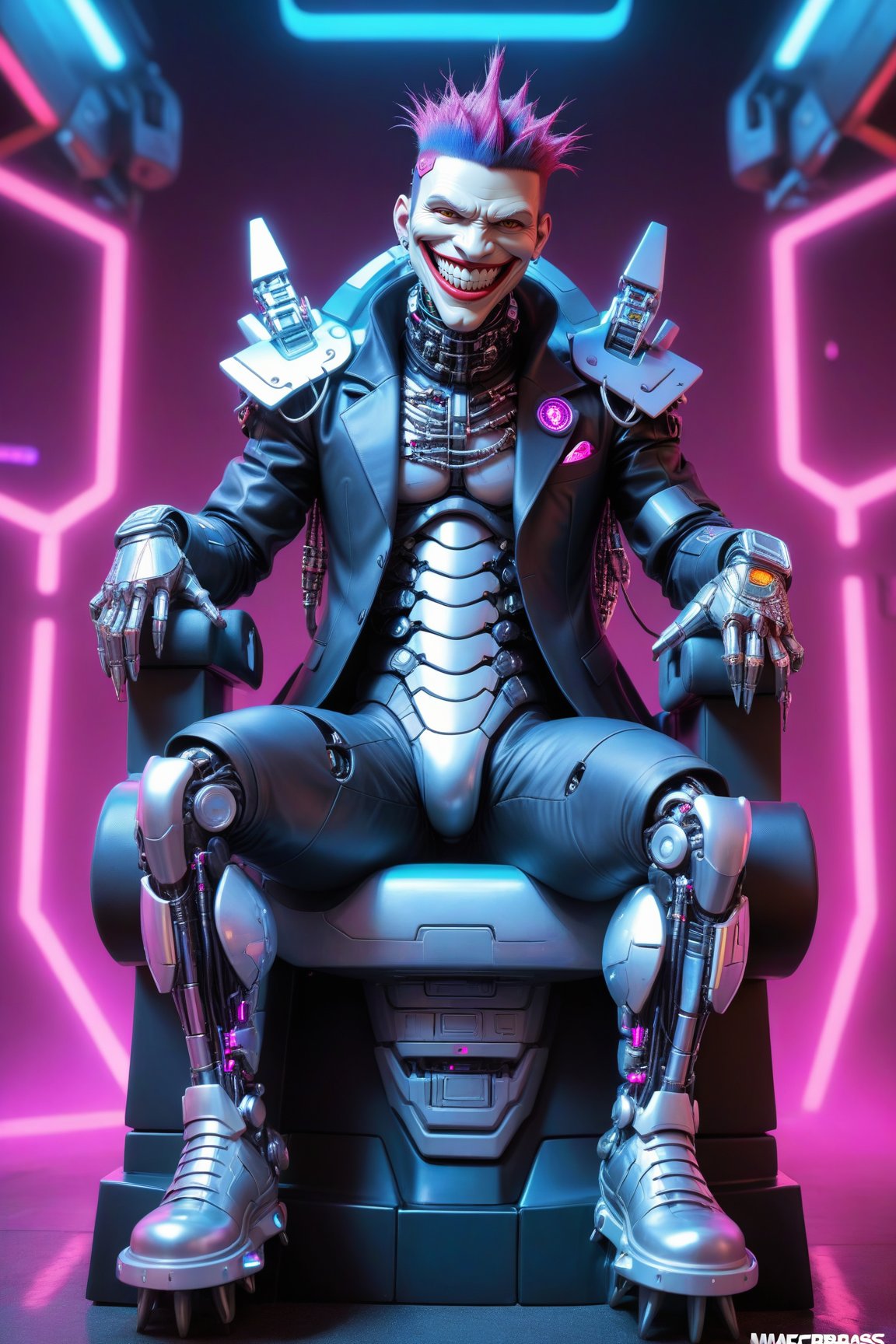 Hiro Crazy Dimension, a crazy man, smile creepy, cyborg, sitting on the throne, cyberpunk theme, scifi, mafiaboss, hip hop costume