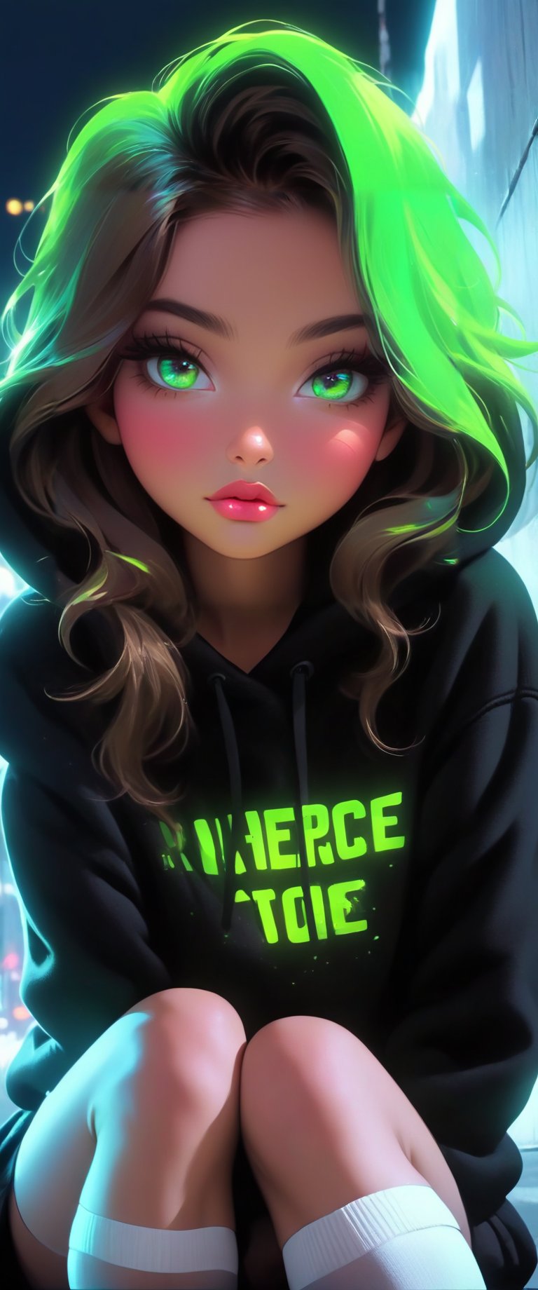 Girl wearing a black hoodie with neon green details, neon green, cute expression, curious eyes, glowing eyes, long hair, smilling, beautiful shading,cute girl, dynamic, (modern aesthetic, green and black), night, smug, badass,vivid eyes, BREAK(masterpiece, digital artwork, black and yellow panties, white stockings that is torn
