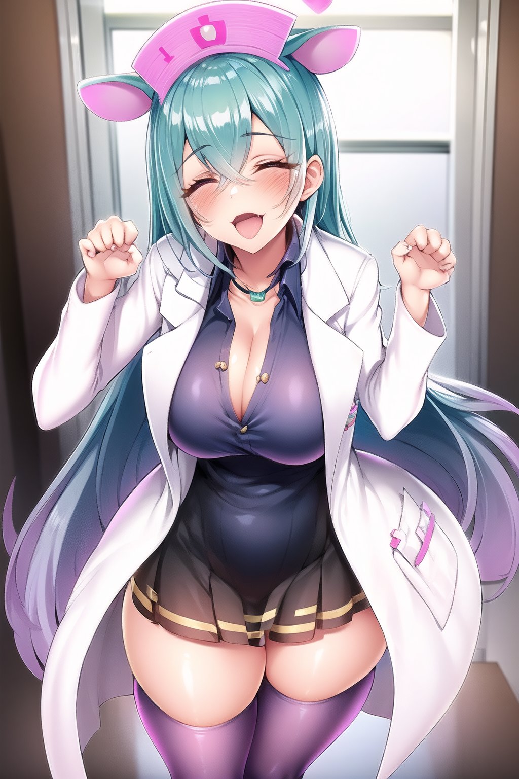 1girl, mature female, shiny skin, (masterpeice), (wallpaper), (high quality), (absurdres),sylvia, aqua hair, purple eyes, two-tone hair, blush, light smile,very long hair, labcoat, skirt, garter belt, purple legwear, shirt, cowboy shot, nurse cap, cleavage, leaning forward, hospital, window,open mouth, half-closed eyes,animal collar, (fist in hand:1.2), (paw pose:1.4),