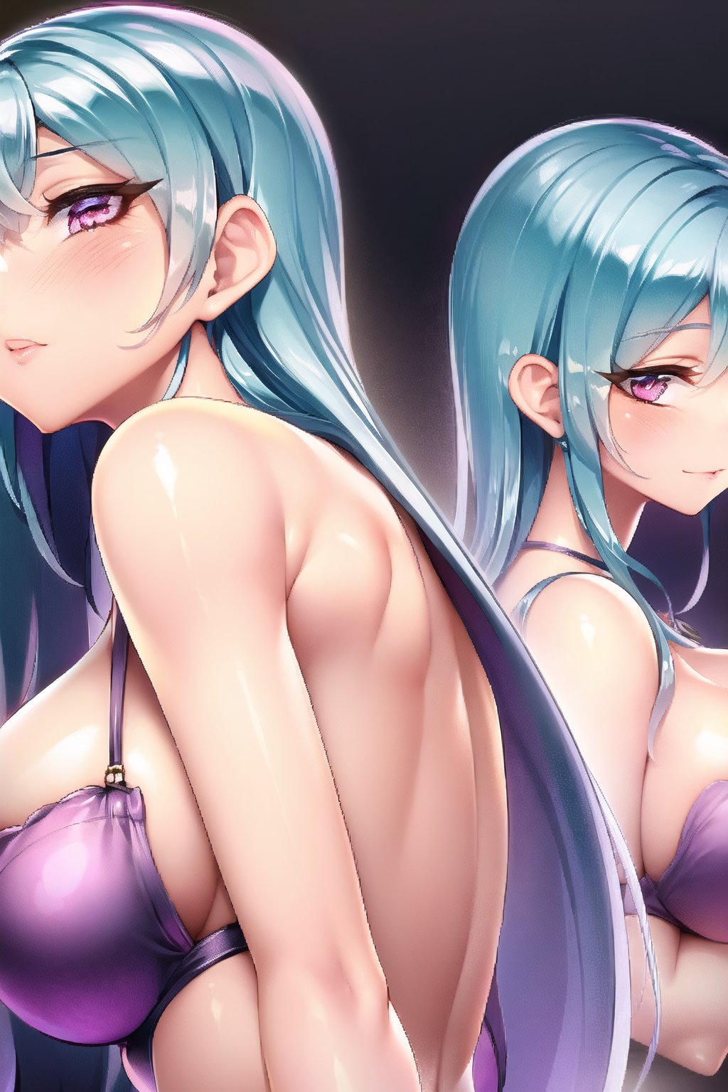 sylvia, purple eyes, aqua hair, two-tone hair ,very long hair.