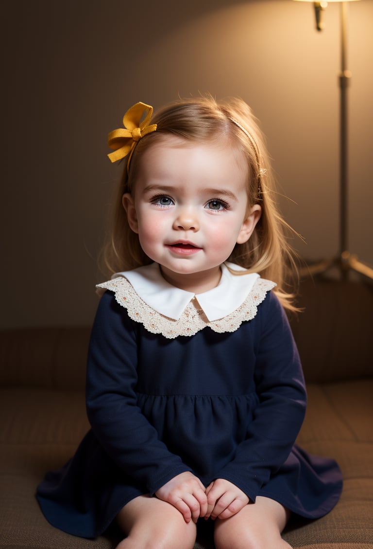 upper body, toddler girl 4 year-old, vintage dress, long sleeves, collar lace, blond hair, photo studio, dark simple blurred background, perfectly illumination,vdress