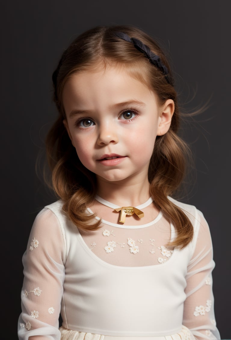 upper body, little girl 8 year-old, vintage dress, long sleeves, collar lace, blond hair, photo studio, dark simple blurred background, perfectly illumination,vdress