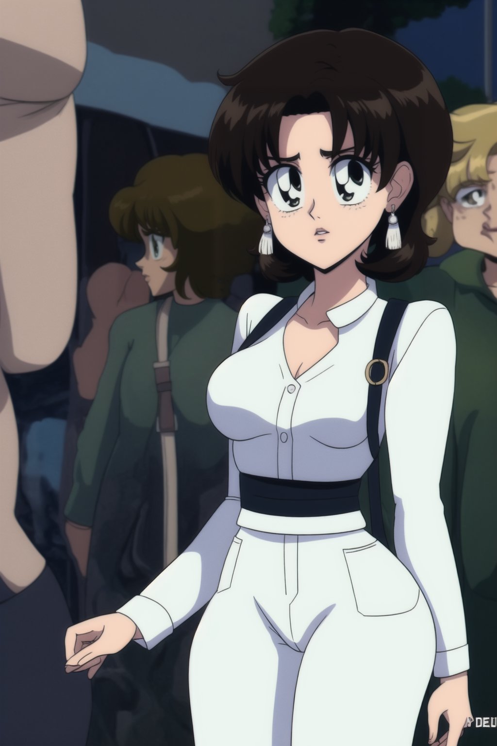 Miki Saegusa, short curly bob curvy bang brown hair, brown eyes, curvy wide hips, Bootylicious, white long sleeve shirt, brown green suspenders pants, black footwear boots, earrings, destroyed city, masterpiece,  best quality,  detailed face,  detailed eyes, high_resolution, Anime 1990s (style),EPTakeuchiNaokoStyle,photorealistic