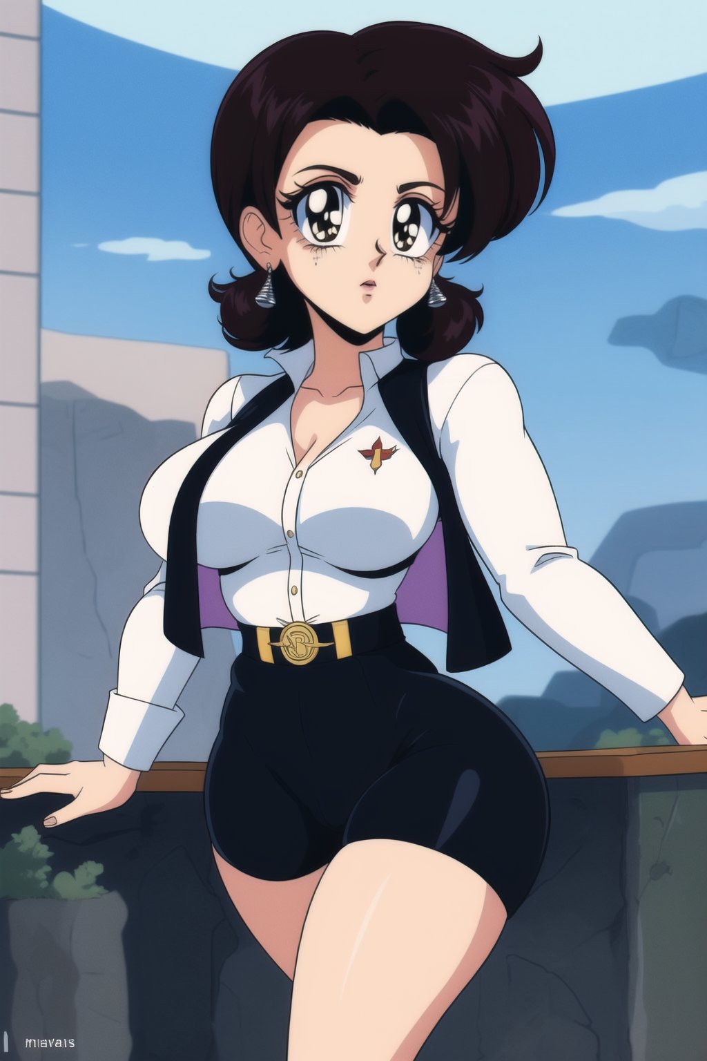 Miki Saegusa, short curly bob curvy bang brown hair, brown eyes, curvy wide hips, Bootylicious, brown vest, white shirt, black pants, black footwear boots, silver earrings, looking-at-viewer, military base, masterpiece,  best quality,  detailed face,  detailed eyes, high_resolution, ((equestria_girls))