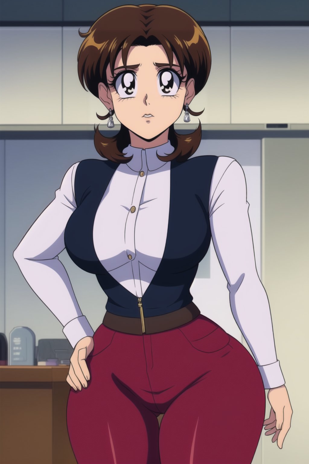 Miki Saegusa, short curly bob curvy bang brown hair, brown eyes, curvy wide hips, Bootylicious, (brown vest), white shirt, long_pants, black footwear boots, silver earrings, looking-at-viewer, office_room, masterpiece,  best quality,  detailed face,  detailed eyes, high_resolution, ((equestria_girls)), screencap