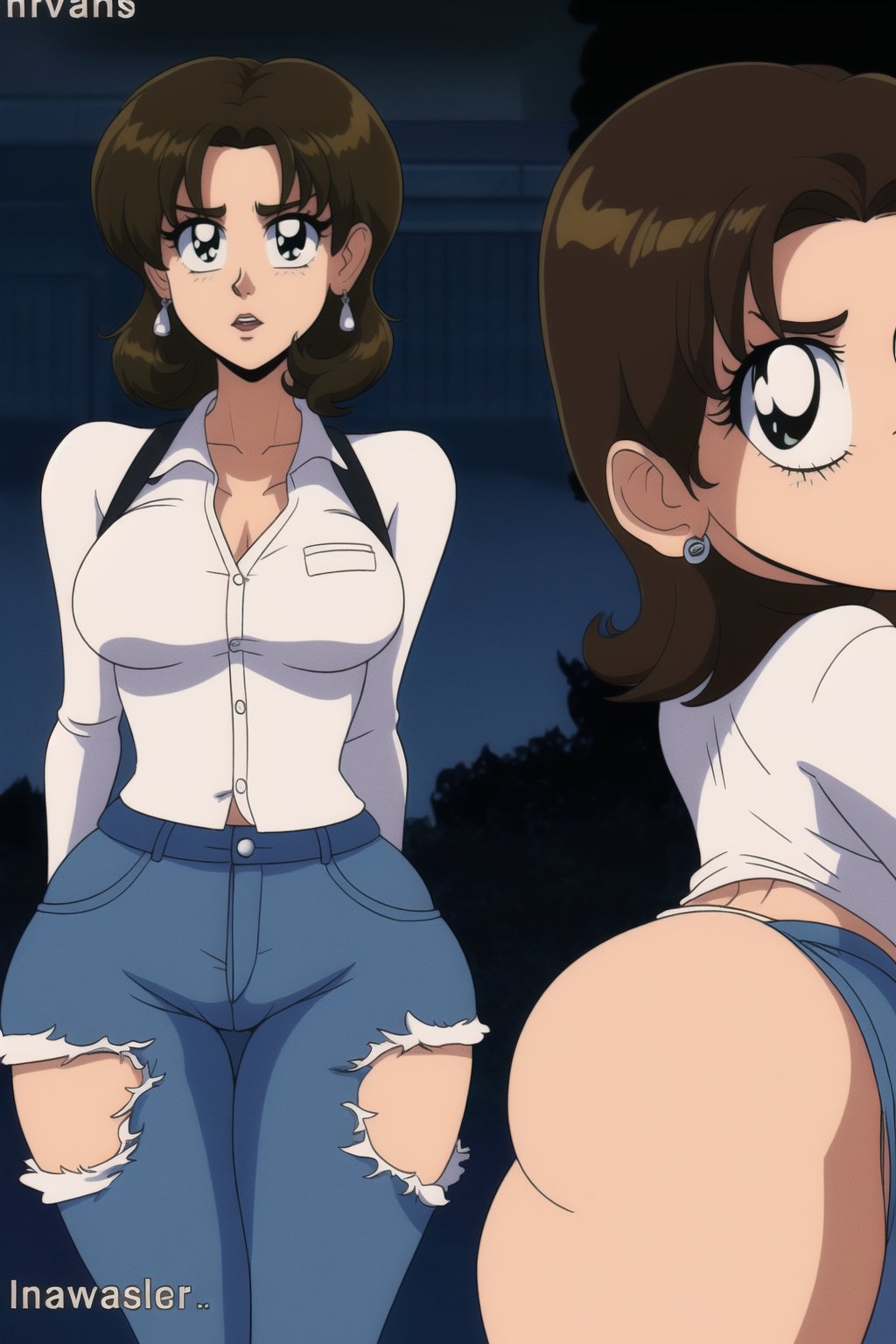 Miki Saegusa, short curly bob curvy bang brown hair, brown eyes, curvy wide hips, Bootylicious, white long sleeve shirt, black green suspenders pants, black footwear boots, earrings, back_view, looking-at-viewer, destroyed city, masterpiece,  best quality,  detailed face,  detailed eyes, high_resolution, Anime 1990s (style),