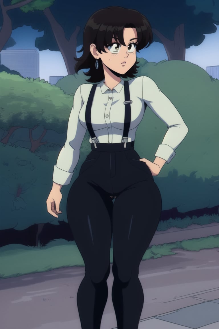 Miki Saegusa, curly short bob curvy bang brown hair, brown eyes, curvy wide hips, Bootylicious, white long sleeve shirt, green suspenders pants, black footwear boots, earrings, destroyed city landscape, masterpiece,  best quality,  detailed face,  detailed eyes, high_resolution ,EPTakeuchiNaokoStyle